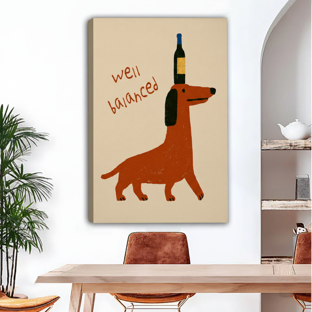  Frameless canvas wrap of well balanced dachshund with wine bottle, witty dog wall art for dining room