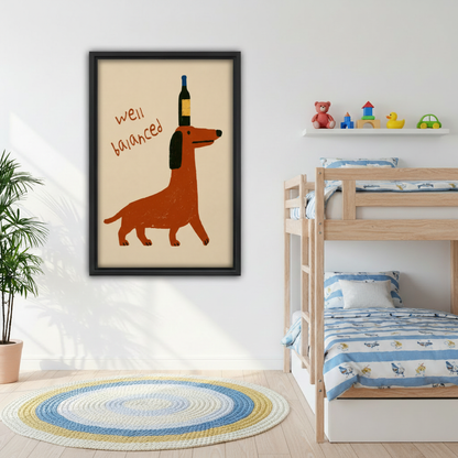 Well balanced dachshund wine bottle framed print above gray sofa, quirky dog wall art for modern living room