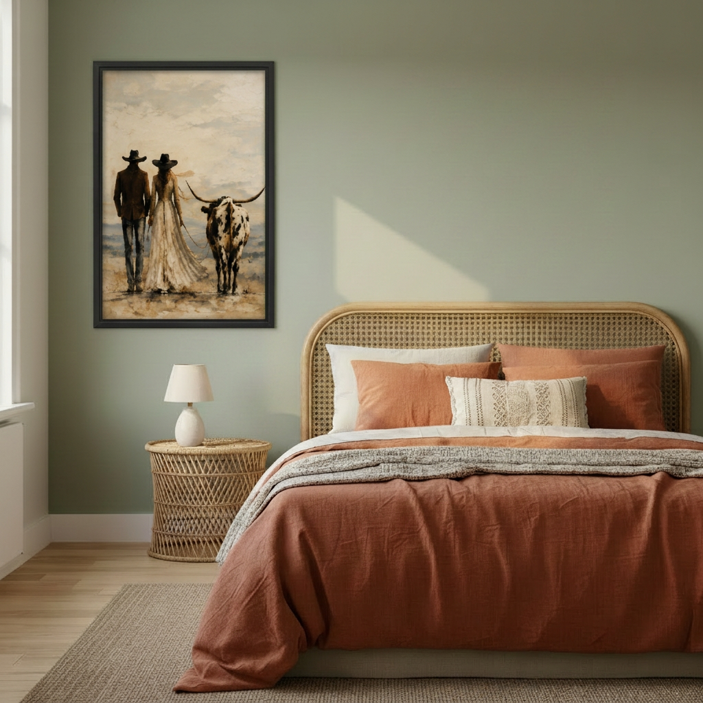  Framed western couple and longhorn canvas beside a rattan bed.