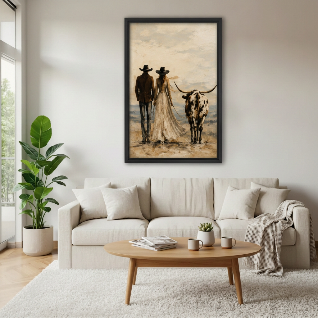 Framed western couple and longhorn canvas above a cream sofa.