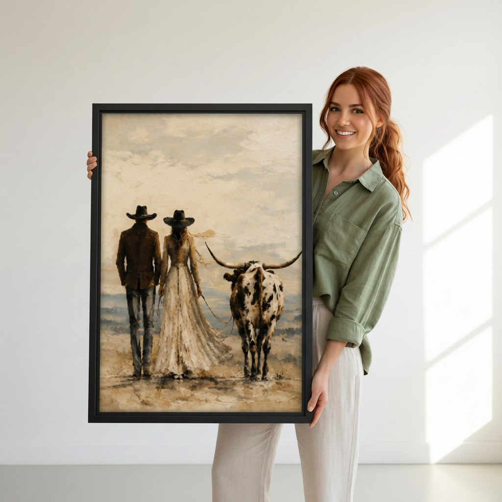 Woman holding framed western couple and longhorn canvas.