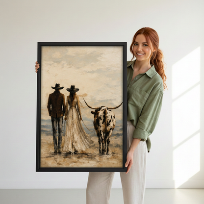 Woman holding framed western couple and longhorn canvas.