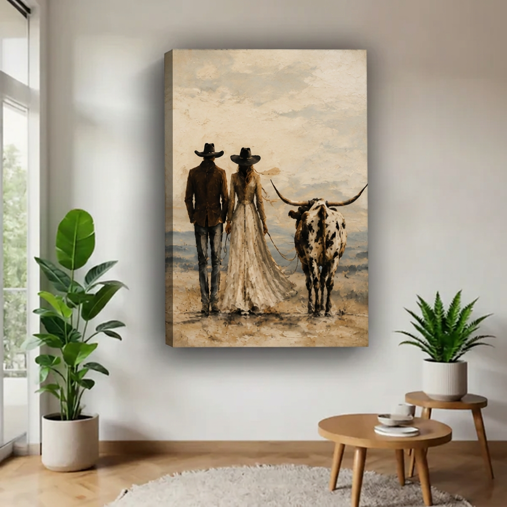 Unframed western couple and longhorn canvas in a muted desert landscape.