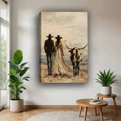 Unframed western couple and longhorn canvas in a muted desert landscape.