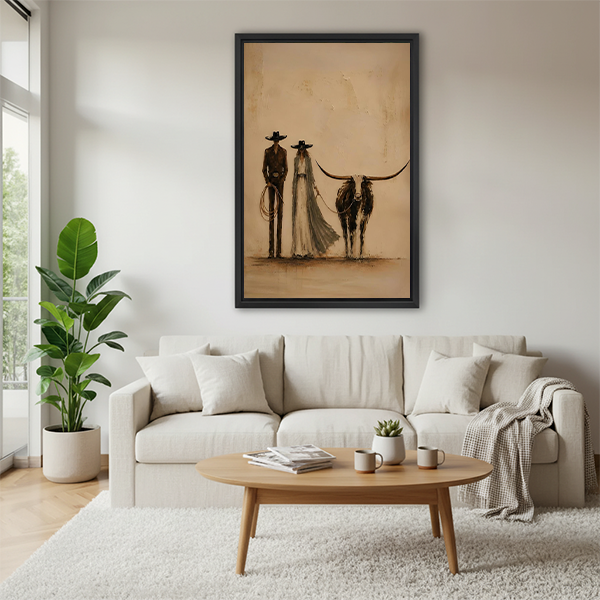 Western couple and longhorn canvas wall art in a black frame above a cream sofa.