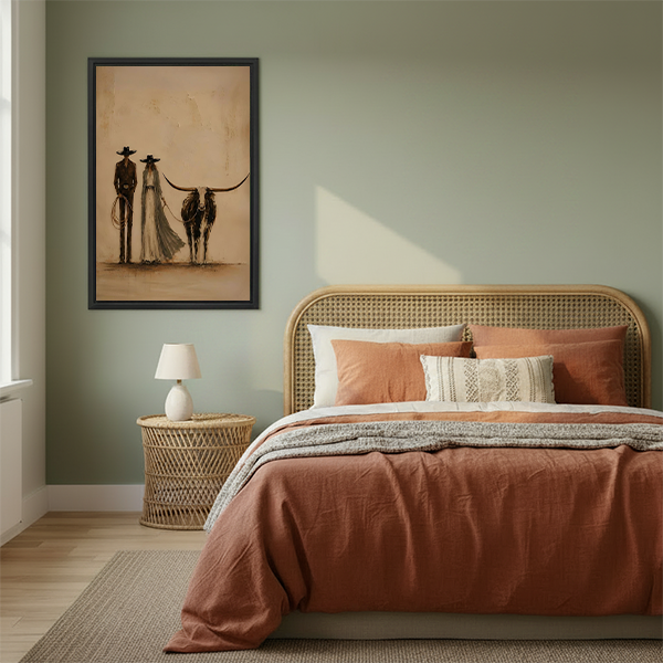 Framed western couple and longhorn canvas wall art displayed beside a bed with woven headboard.