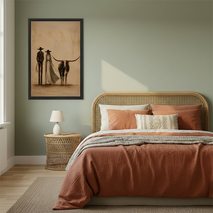 Framed western couple and longhorn canvas wall art displayed beside a bed with woven headboard.