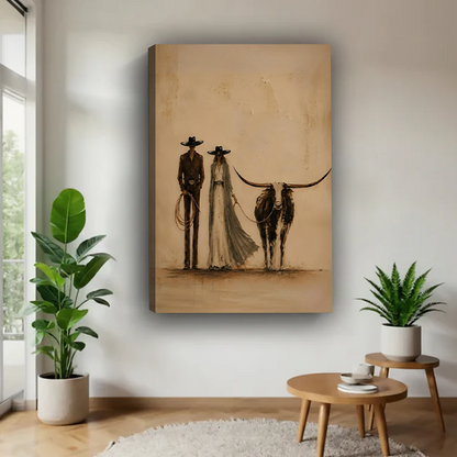 Woman holding framed western couple and longhorn canvas wall art with muted beige ranch imagery.