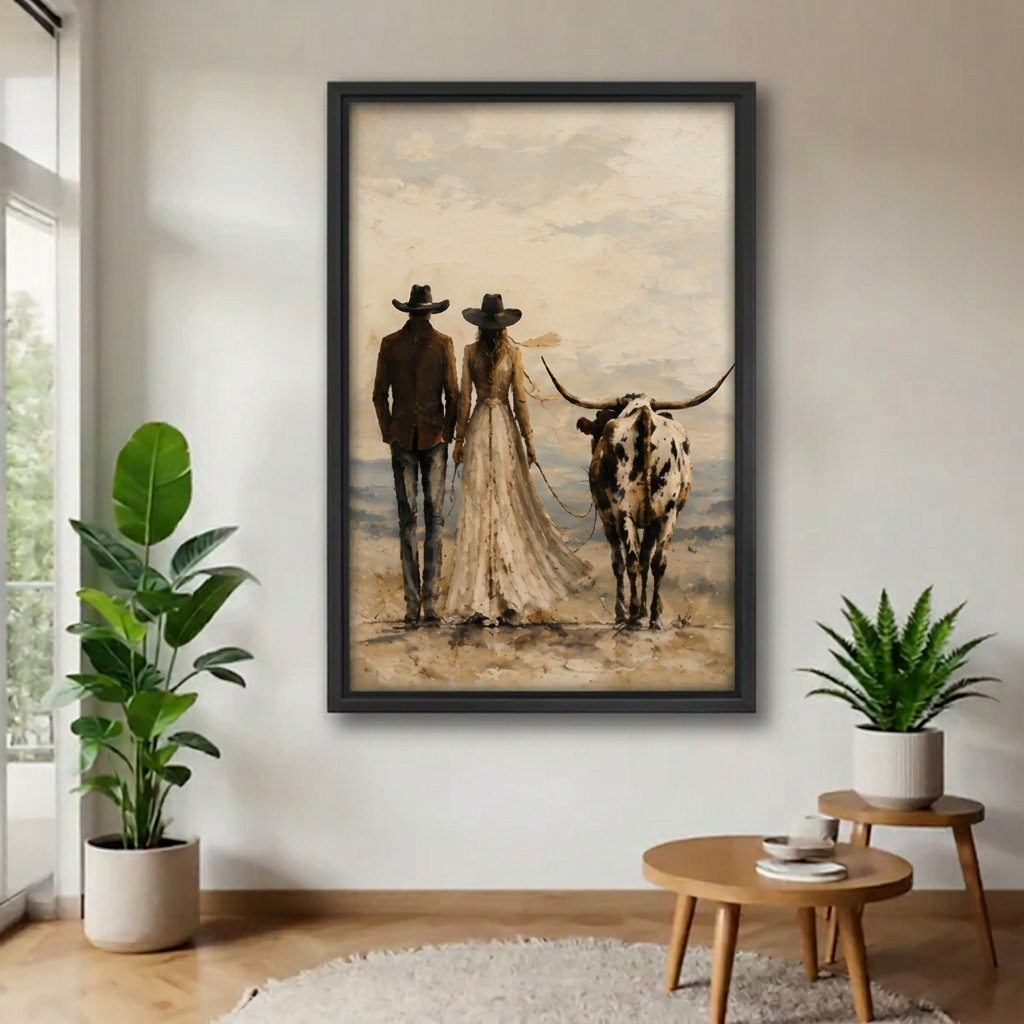 Framed western couple and longhorn canvas beside indoor plants.