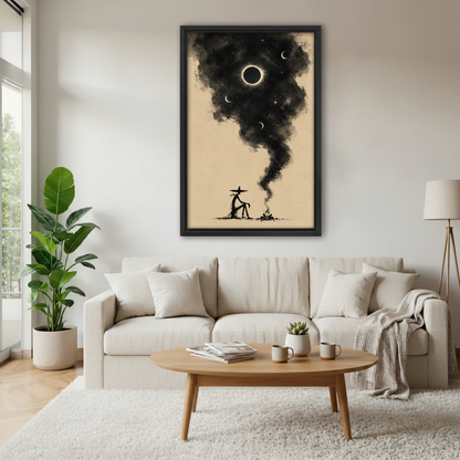 Western cowboy campfire canvas wall art in a black frame above a cream sofa beside a floor lamp.
