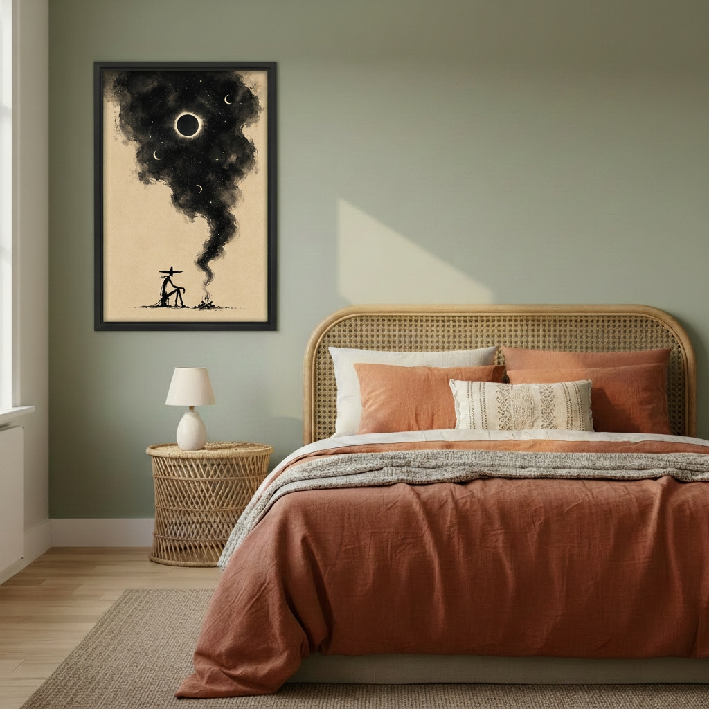 Framed western cowboy campfire canvas wall art on a sage green bedroom wall beside a bed with terracotta bedding.