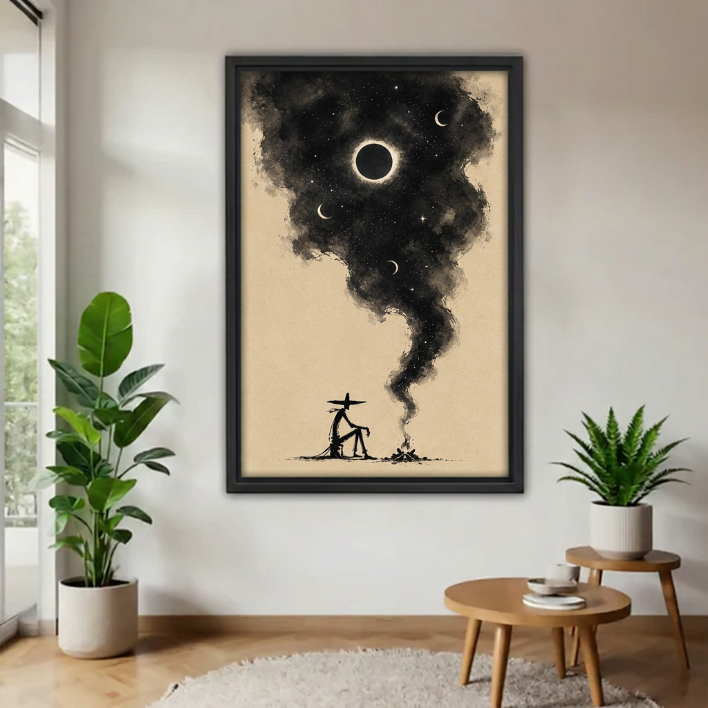  Black-framed western cowboy campfire canvas wall art with celestial smoke, displayed beside green plants and wooden tables.