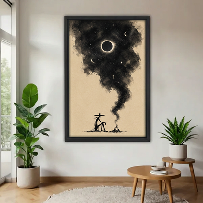  Black-framed western cowboy campfire canvas wall art with celestial smoke, displayed beside green plants and wooden tables.