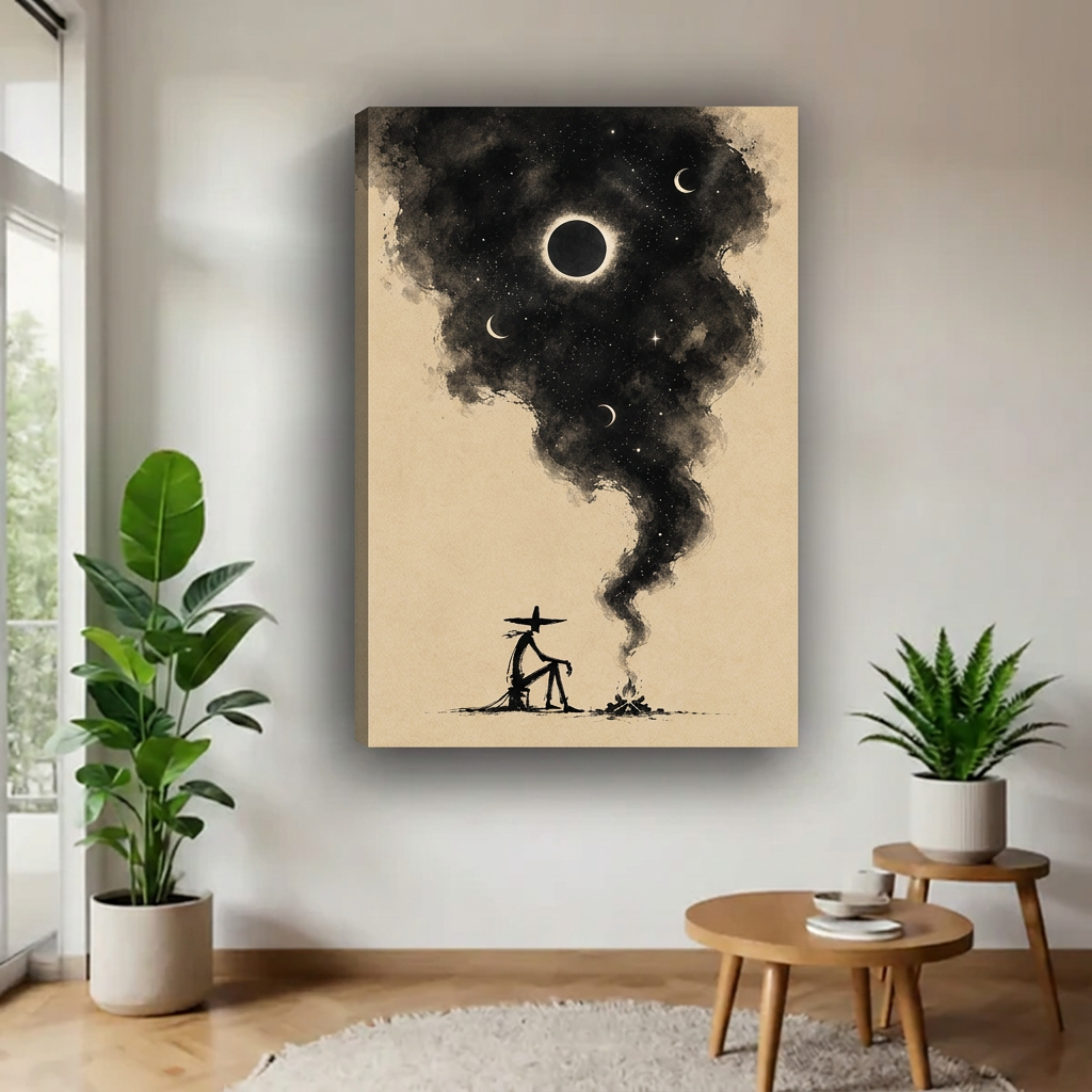 Gallery-wrap western cowboy campfire canvas wall art featuring swirling smoke filled with stars, crescent moons, and an eclipse.