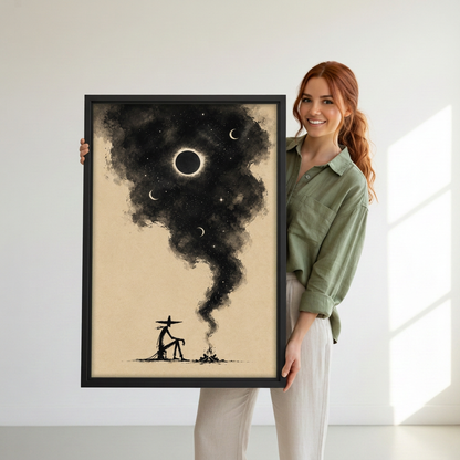 Woman holding black-framed western cowboy campfire canvas wall art featuring a seated silhouette beneath a smoky celestial sky.