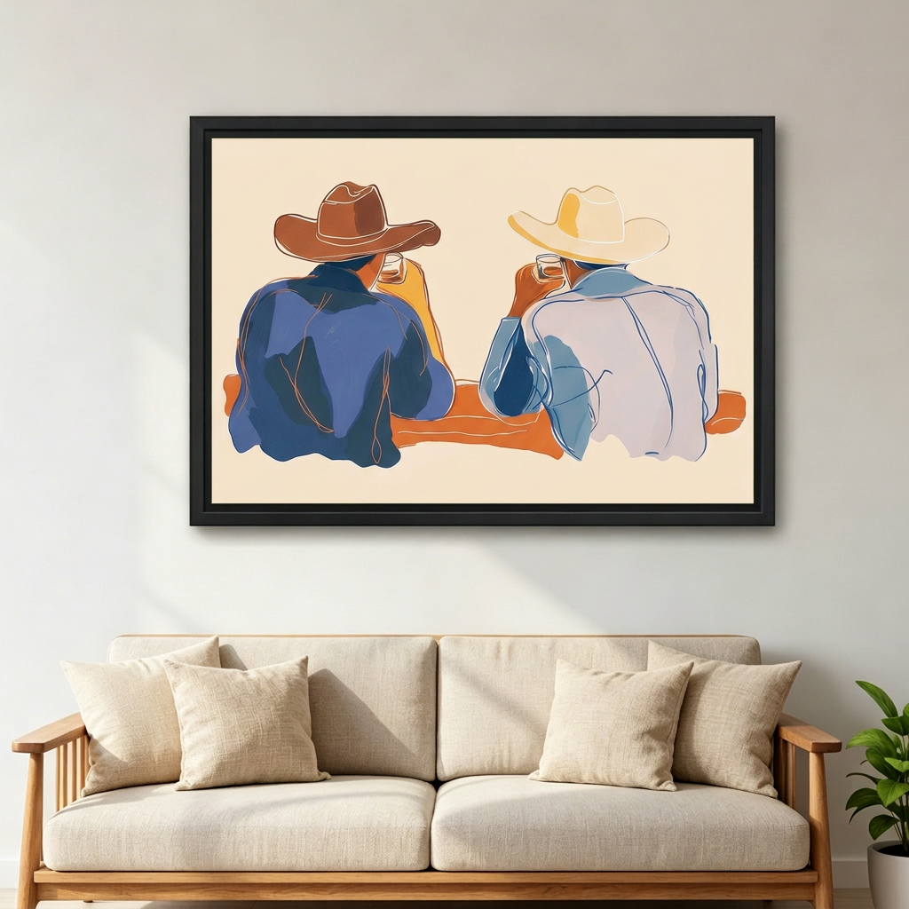 Black-framed western cowboy duo wall art hanging above a cream sofa with wooden arms and neutral cushions.