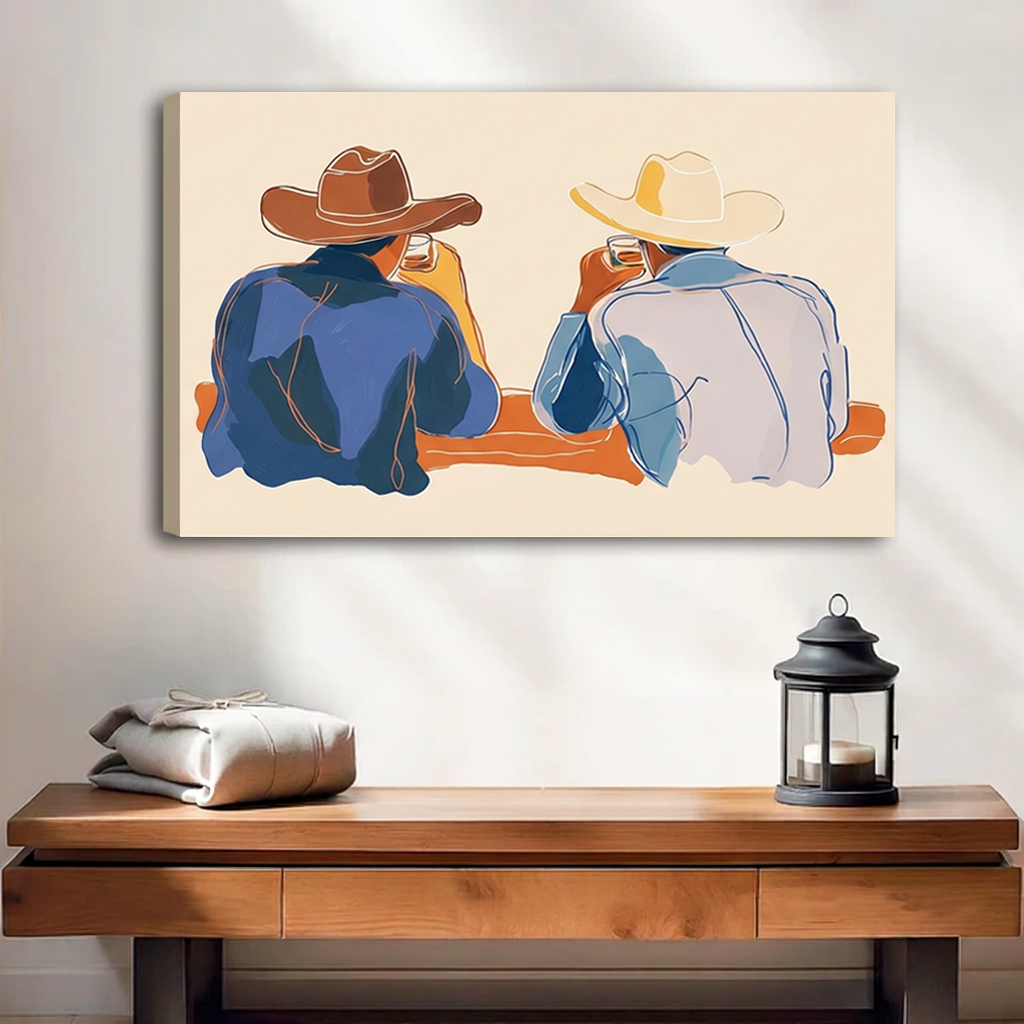 Unframed gallery-wrap western cowboy duo wall art displayed above a wooden bench with folded blankets and a black lantern
