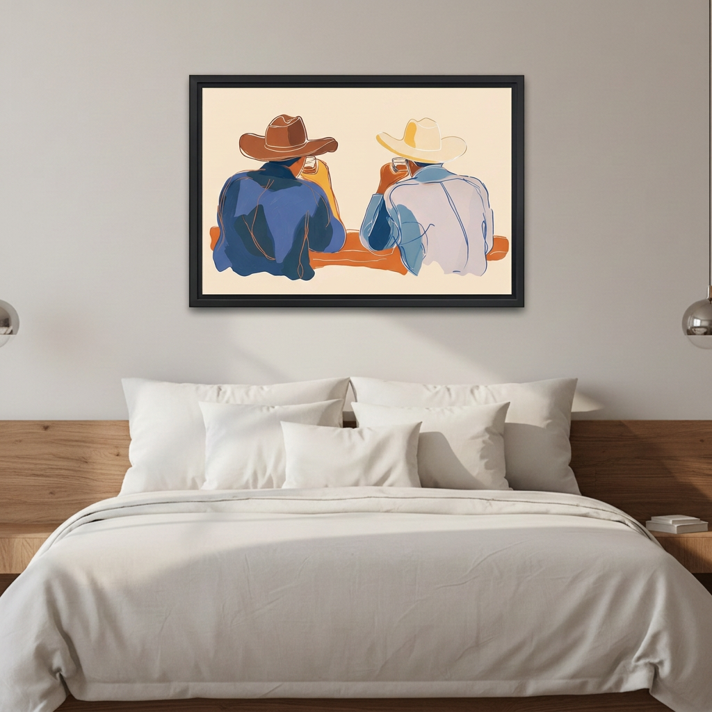 Western cowboy duo wall art in a black frame above white bedding and a wooden headboard.