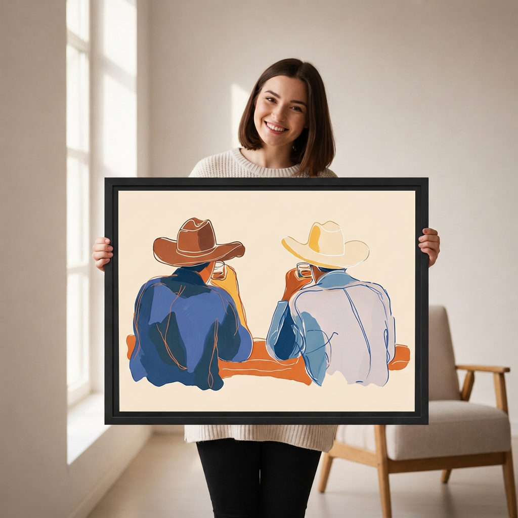Smiling woman holding black-framed western cowboy duo wall art featuring two cowboys drinking at a bar.