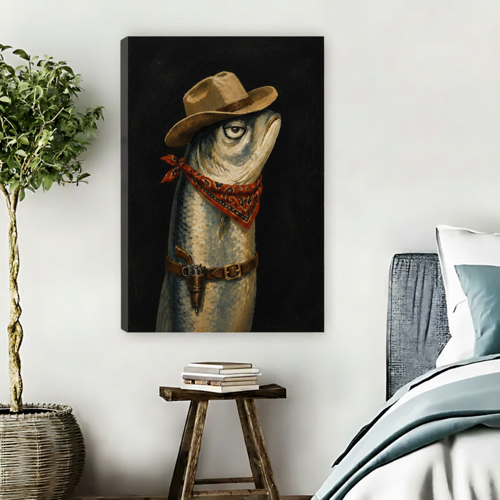 Western cowboy fish canvas art without frame mounted on bedroom wall