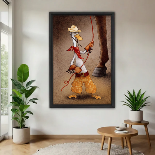 Framed western-style illustration of a goose cowboy gripping a red lasso next to a horse leg, mounted on a white wall between two tropical potted plants in a Scandinavian living room