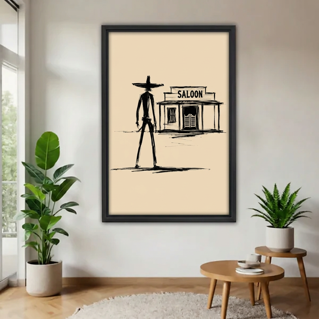 Black-framed western cowboy saloon wall art hanging between potted plants beside round wooden tables in a bright room.