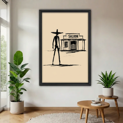 Black-framed western cowboy saloon wall art hanging between potted plants beside round wooden tables in a bright room.