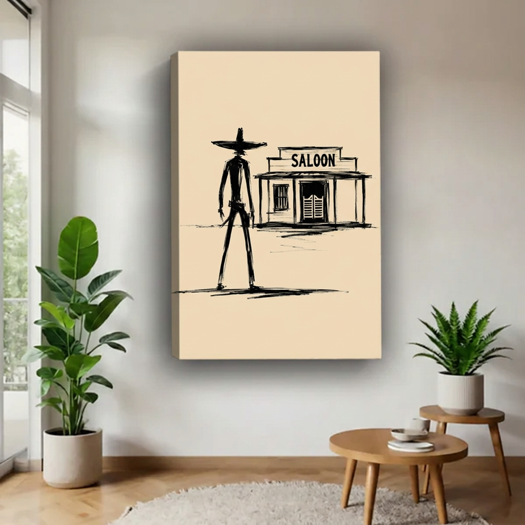Unframed gallery-wrap western cowboy saloon wall art featuring black sketch lines on cream, displayed beside plants and wooden tables.