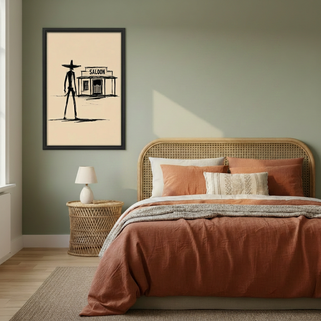 Western cowboy saloon wall art displayed beside a rattan bed with terracotta bedding and a white bedside lamp.
