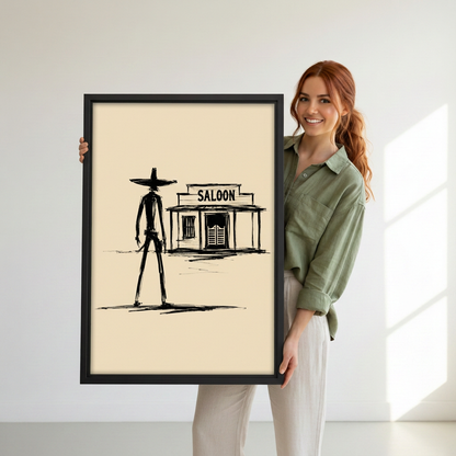 Smiling woman holding black-framed western cowboy saloon wall art with a minimalist black sketch on a cream background.