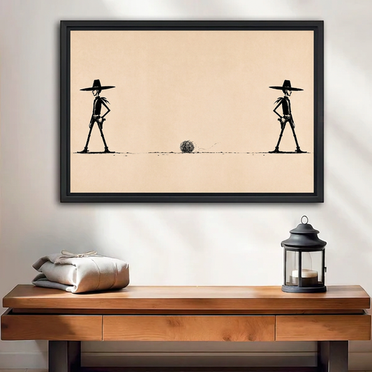 Black-framed western cowboy standoff wall art above a wooden bench with folded blankets and a candle lantern.