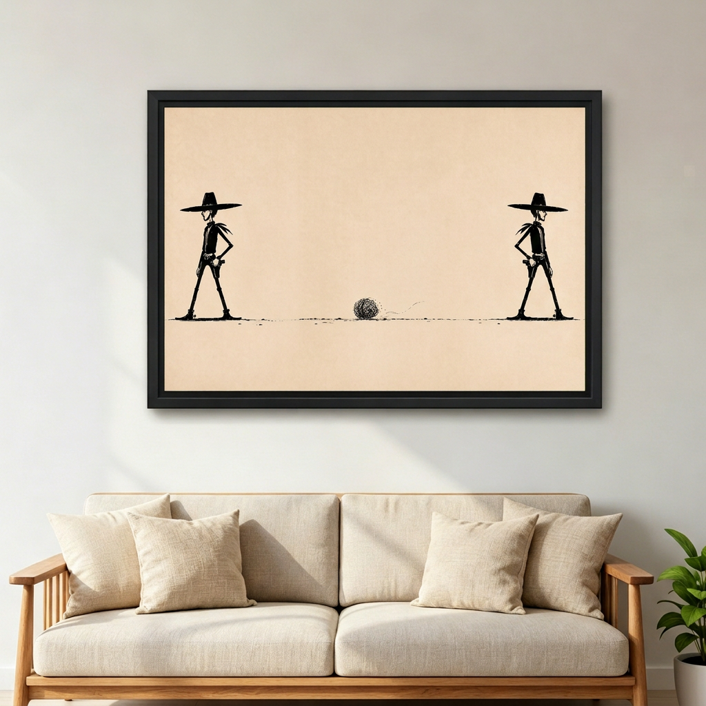 Black-framed western cowboy standoff wall art hanging above a cream sofa with wooden arms and neutral cushions.