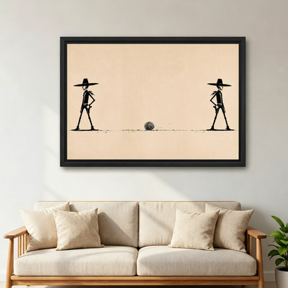Black-framed western cowboy standoff wall art hanging above a cream sofa with wooden arms and neutral cushions.