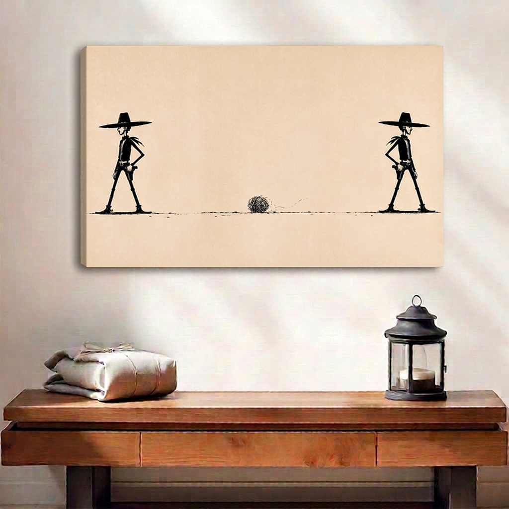 Unframed gallery-wrap western cowboy standoff wall art featuring two black cowboy figures and a tumbleweed above a wooden bench.