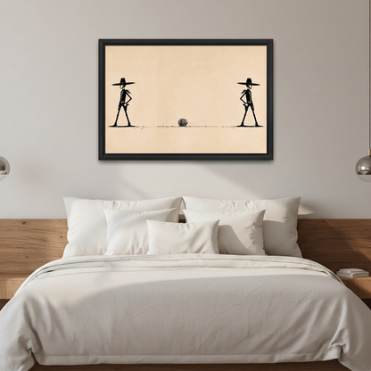 Western cowboy standoff wall art in a black frame above white bedding and a wooden headboard.