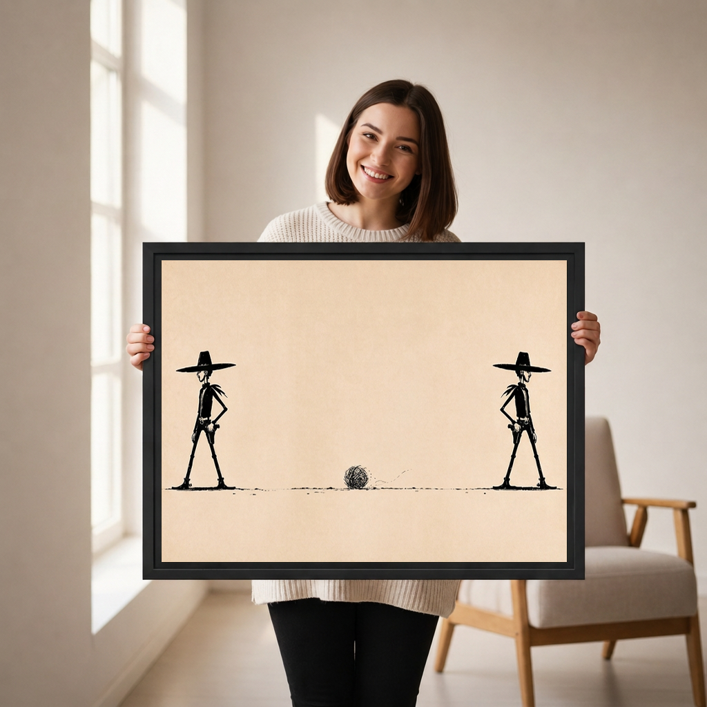 Smiling woman holding black-framed western cowboy standoff wall art with two slender cowboys on a warm beige background.