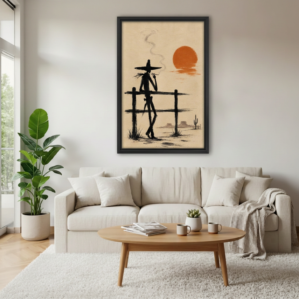 Black-framed western cowboy sunset canvas wall art above a cream sofa in a bright living room.