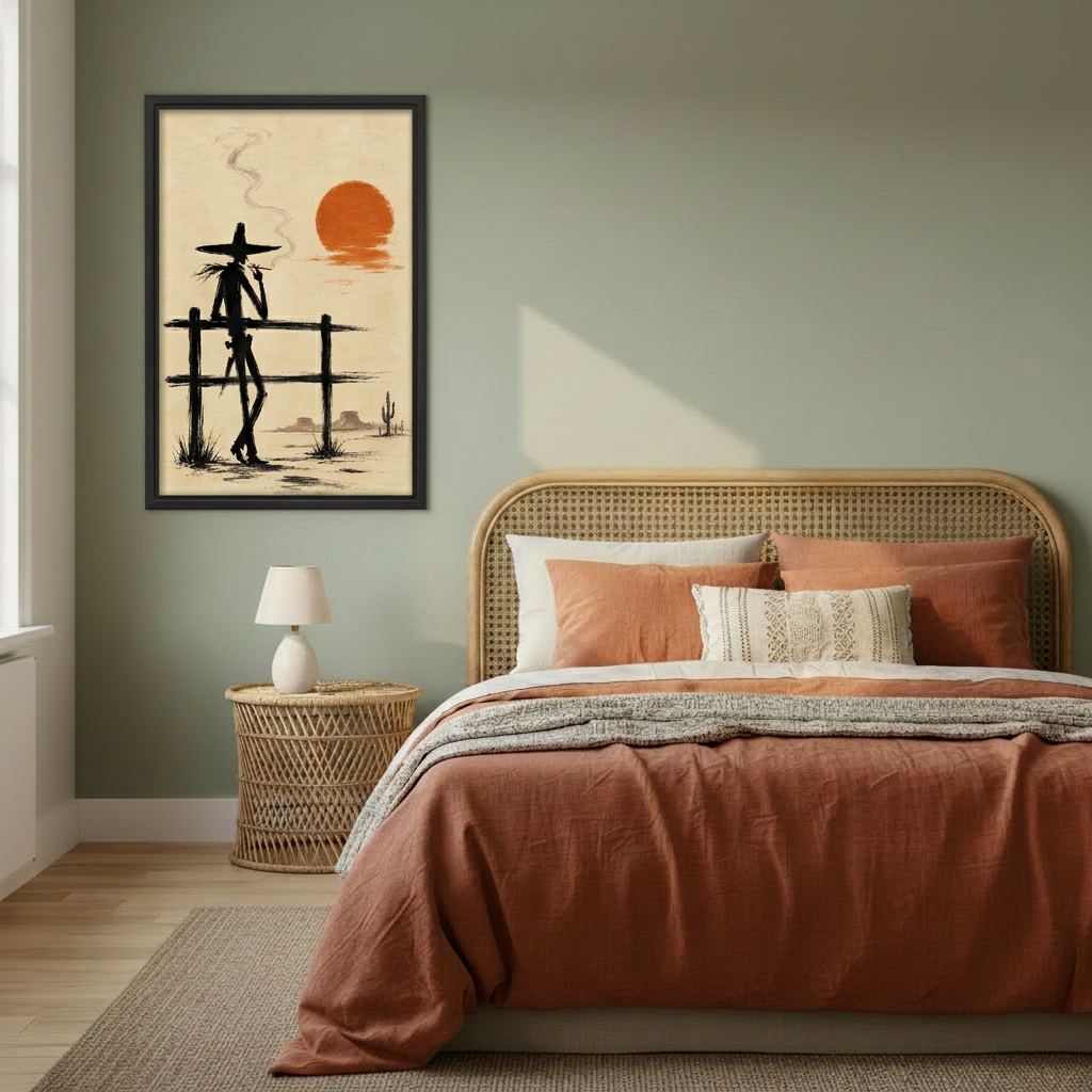 Western cowboy sunset canvas wall art on a sage green bedroom wall beside a bed with terracotta bedding.