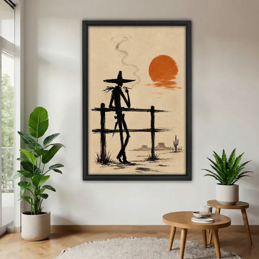 Western cowboy sunset canvas wall art in a black frame, displayed beside leafy plants and round wooden tables.