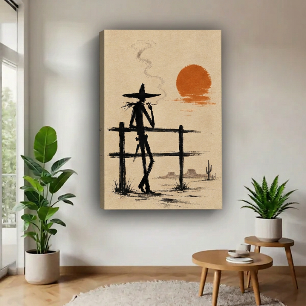 Gallery-wrap western cowboy sunset canvas wall art featuring a cowboy leaning against a fence beneath an orange sun.
