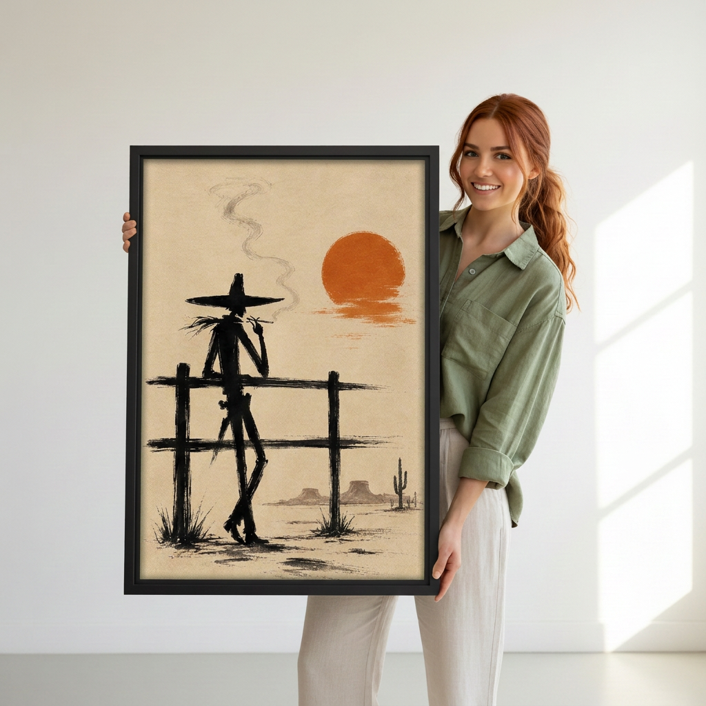  Woman holding black-framed western cowboy sunset canvas wall art with a rustic fence, desert cactus, and drifting smoke