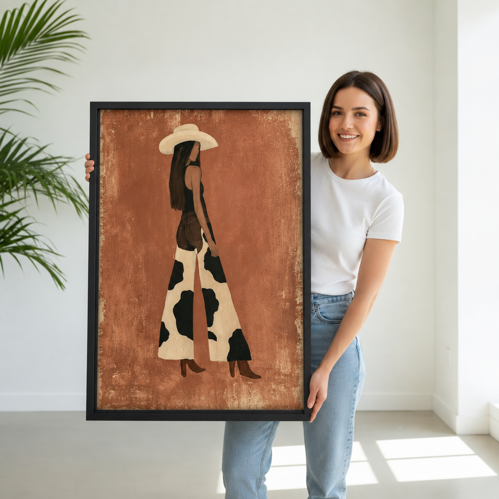 Woman holding large vertical framed canvas of minimalist boho cowgirl silhouette in wide-brim hat and black-and-white cow print maxi dress with brown boots on rustic terracotta background