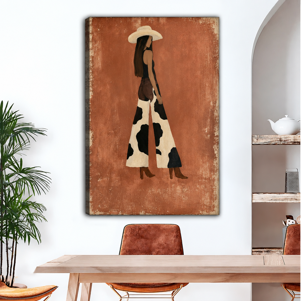Frameless gallery wrap canvas of boho cowgirl silhouette in wide-brim hat and black-and-white cow print maxi dress with brown boots on rustic terracotta background above wood dining table with leather chairs
