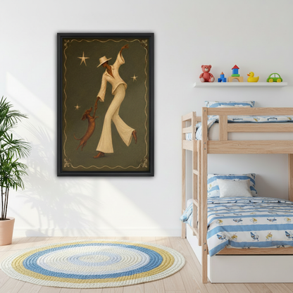 Vintage western style oil painting of an elegant cowgirl in wide-brim hat and dark flare pants dancing with a dachshund under gold stars with ornate border framed canvas in a children's bedroom
