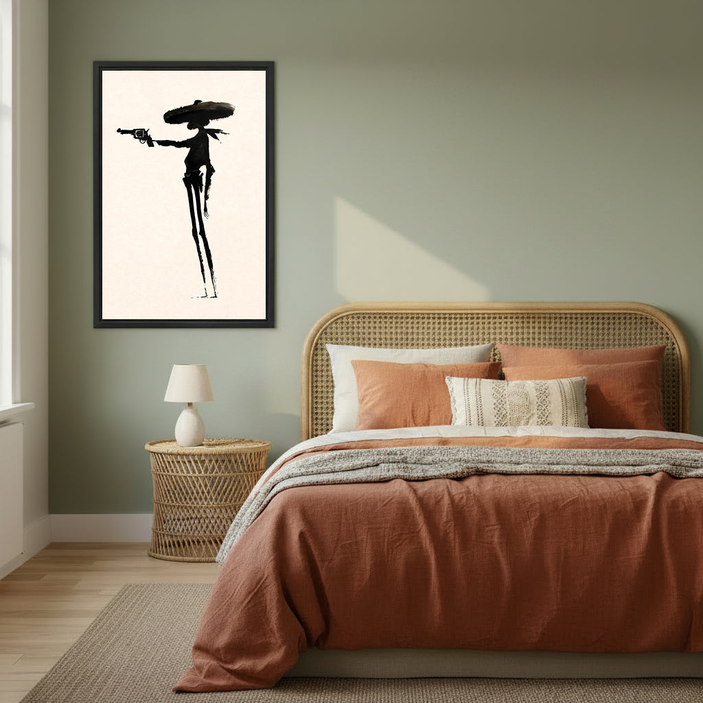 Western gunslinger silhouette canvas wall art beside a rattan bed in a green bedroom