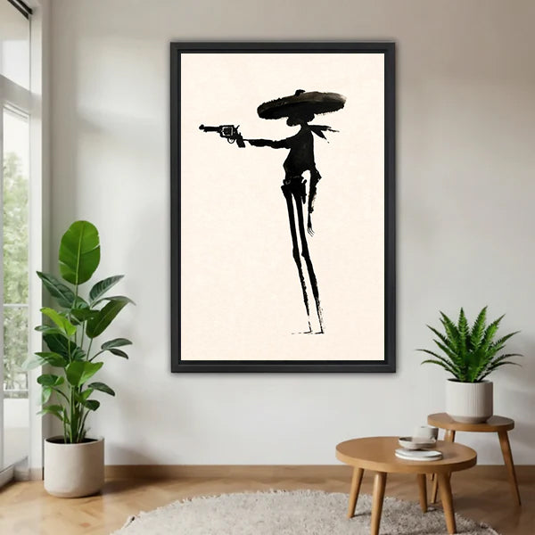 Western gunslinger silhouette canvas wall art in a black frame beside wooden nesting tables