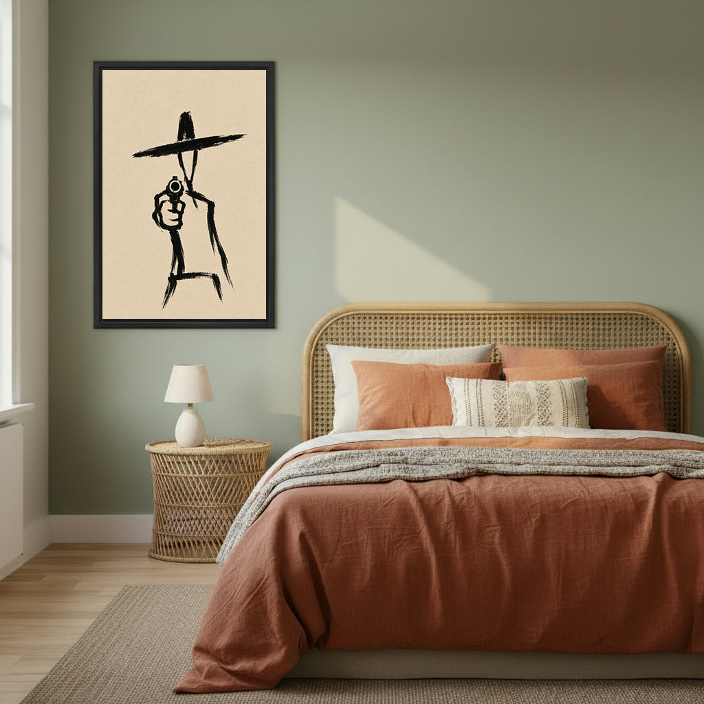 Framed western gunslinger canvas wall art in a sage green bedroom