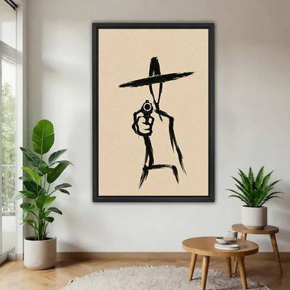 Minimalist western gunslinger canvas wall art in a black frame beside plants