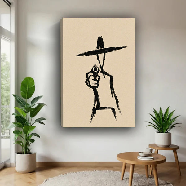 Gallery-wrap western gunslinger canvas wall art in a bright plant-filled corner