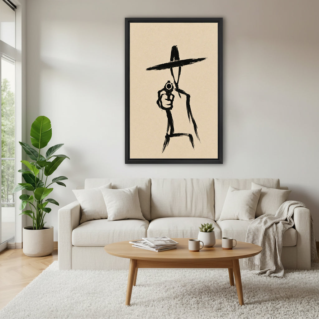 Western gunslinger canvas wall art above a cream living room sofa